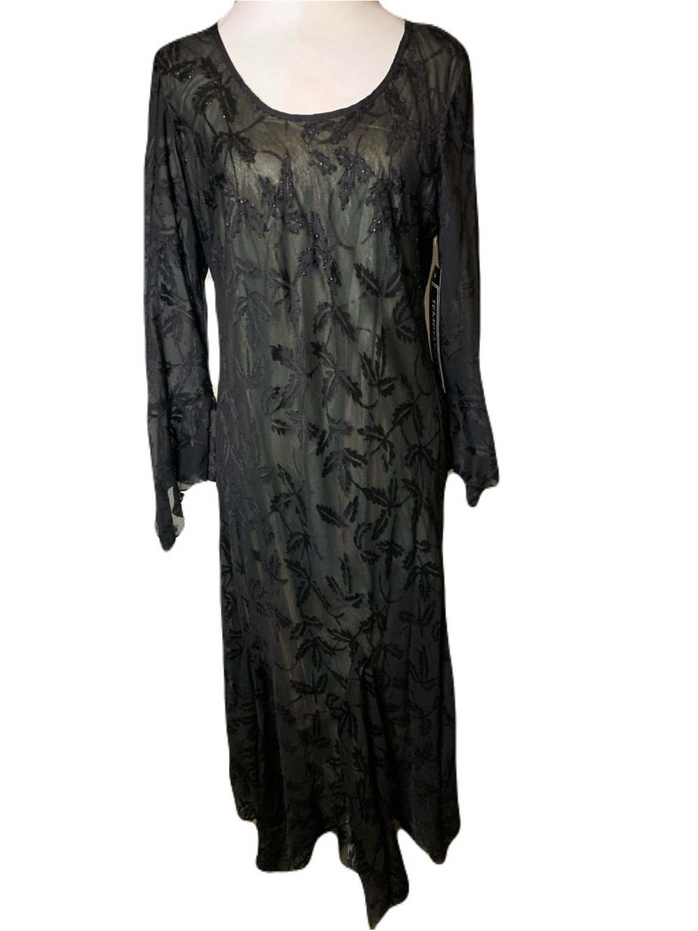NWT Vintage 90s Large Black Sheer Floral Burnout Beaded Dress Practical Magic